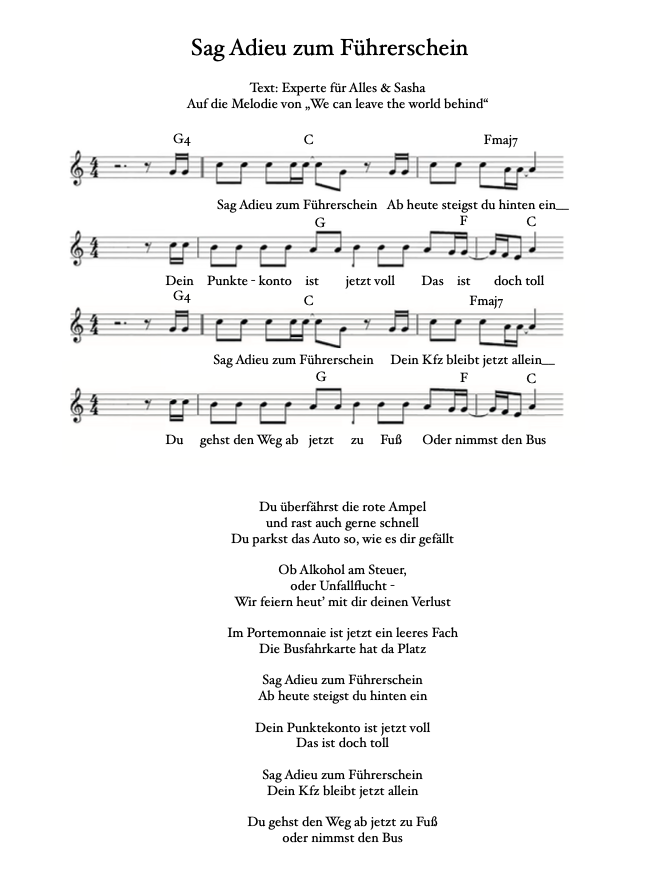Notenblatt — Sag Adieu zum Führerschein